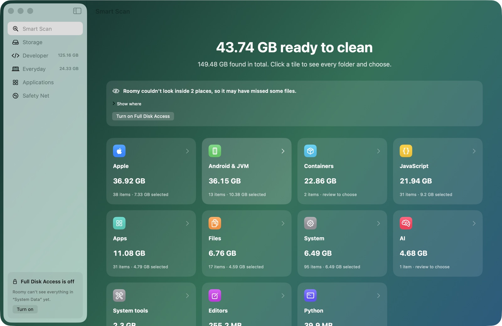 Smart Scan: 43.74 GB ready to clean, grouped by what it is