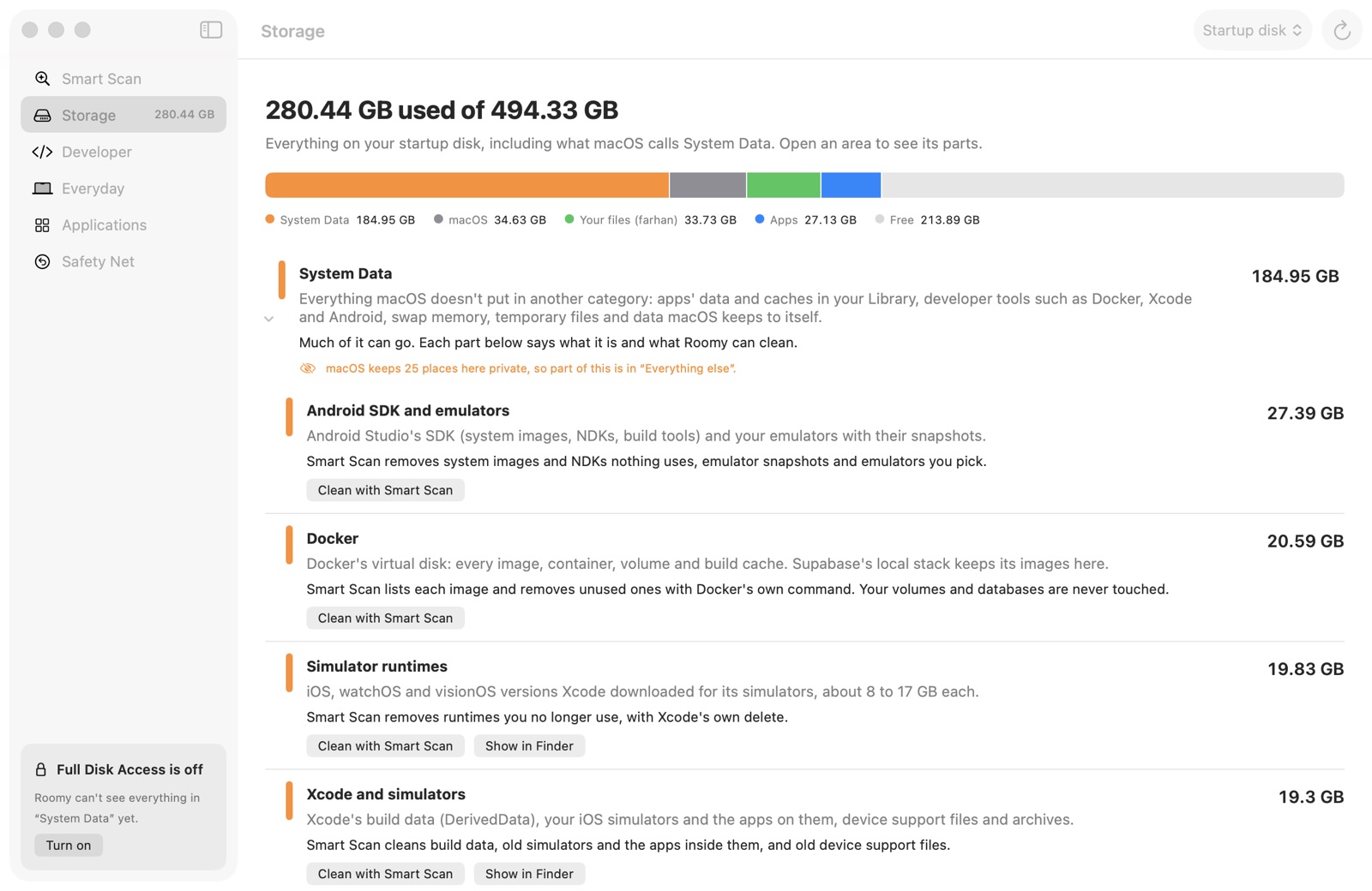 The Storage page with System Data split into parts